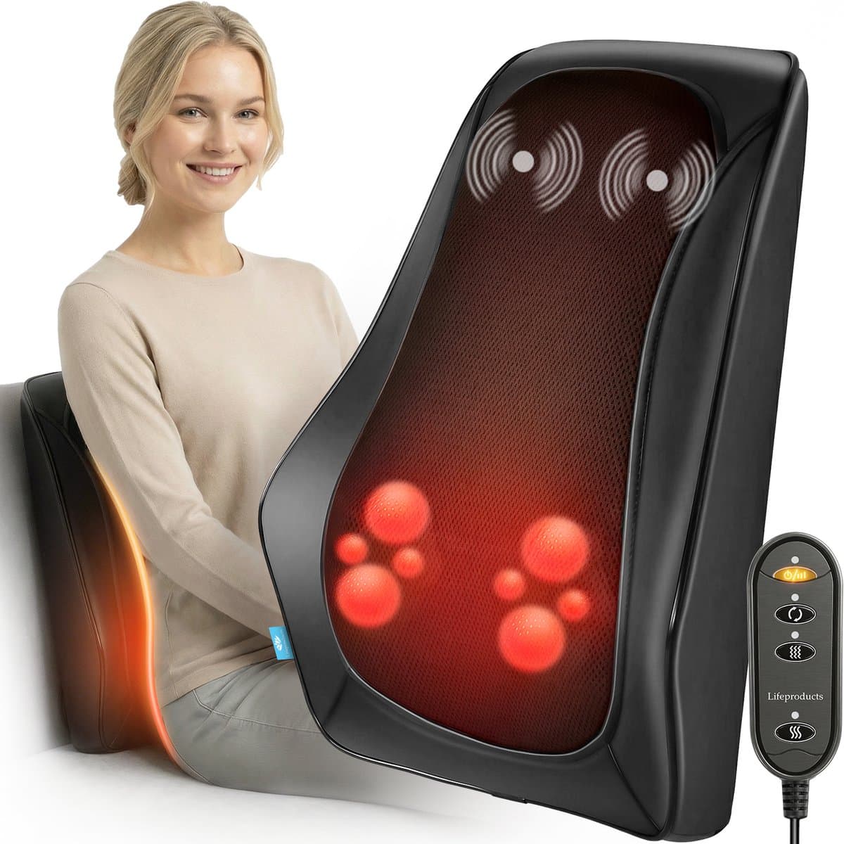 Lifeproducts Massagekussen voor Nek en Rug - Nekmassage Apparaat - Rugmassage - Shiatsu Nek Massage Apparaat met Warmtefunctie en Trilfunctie - afbeelding 1