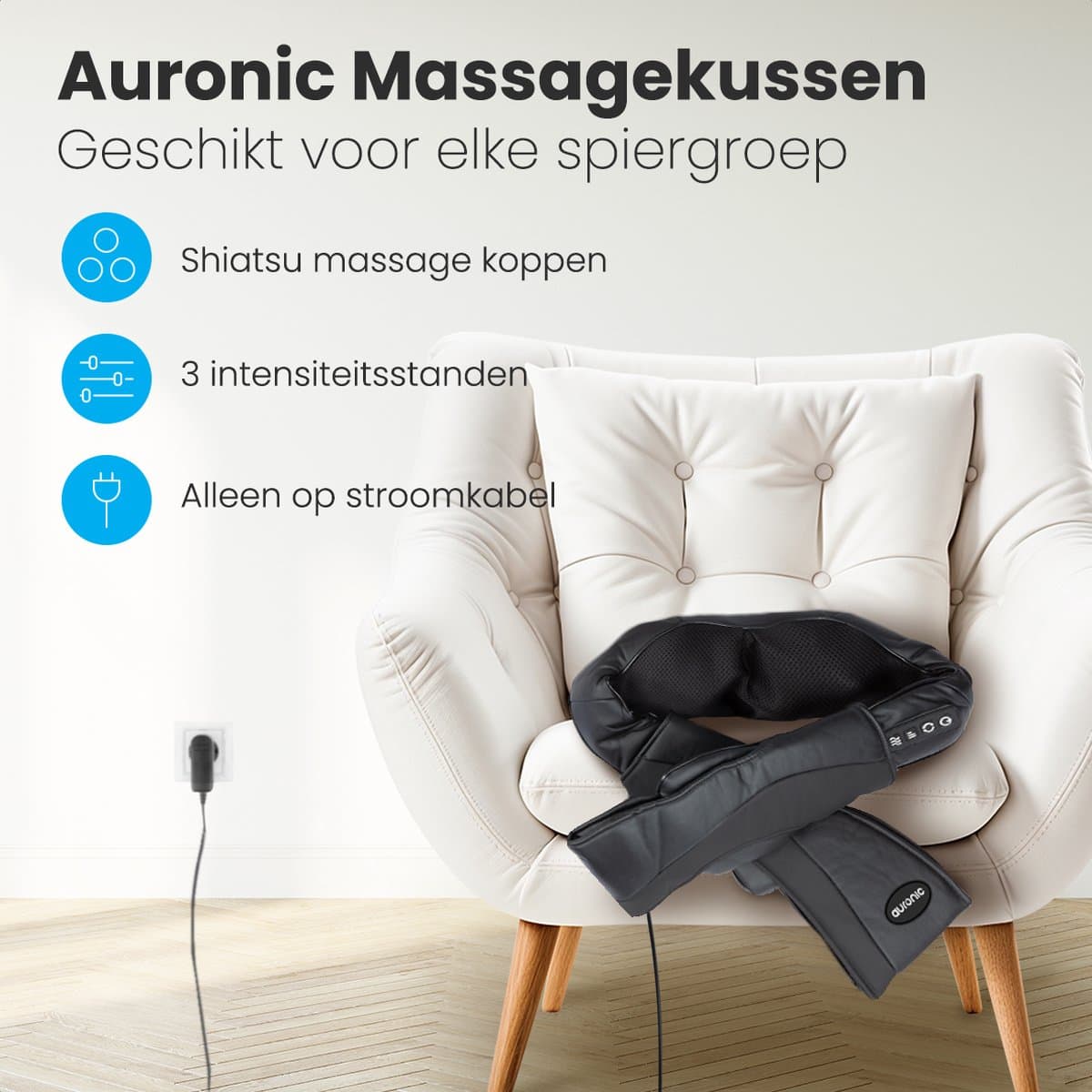 Auronic Shiatsu Massagekussen - Elektrisch Nekmassage Apparaat - Infrarood Warmtefunctie - Nek en Schouder Massage apparaat - Massage Apparaten - Zwart thumbnail 2