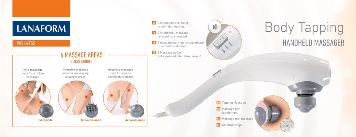 Lanaform - Body Tapping - Massage Apparaat - Massage Gun - Massage Pistool - Sport En Relax Massage - Ontspannende Vibrerende Massage - 3 Massagehulpstukken - 2 Intensiteitsniveaus - Voor Het Hele Lichaam thumbnail 5
