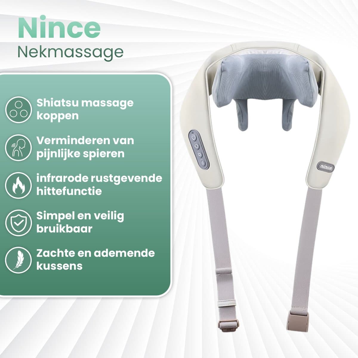 Nince Nekmassage Apparaat - Shiatsu Massagekussen - Massagekussen - Elektrisch Nekmassage Apparaat - Nek en Schouder - Infrarood thumbnail 2