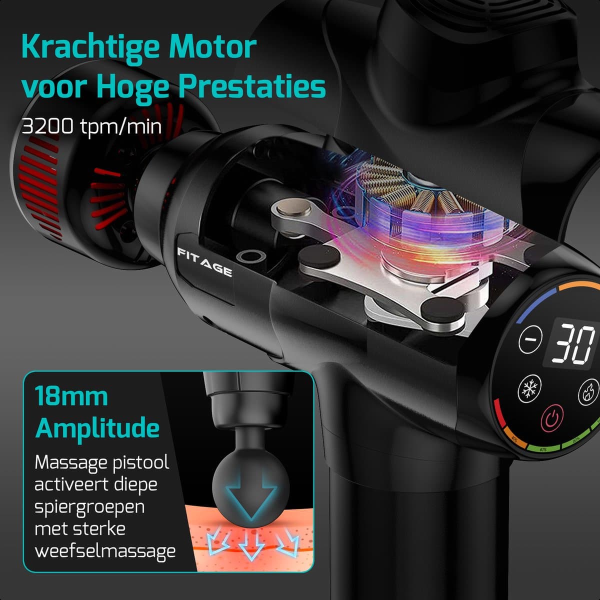 FITAGE Infrarood Massage Gun Professioneel - Warm & Koud Massage Apparaat - Massageapparaat Massagegun - Massage Pistool - Zwart thumbnail 3