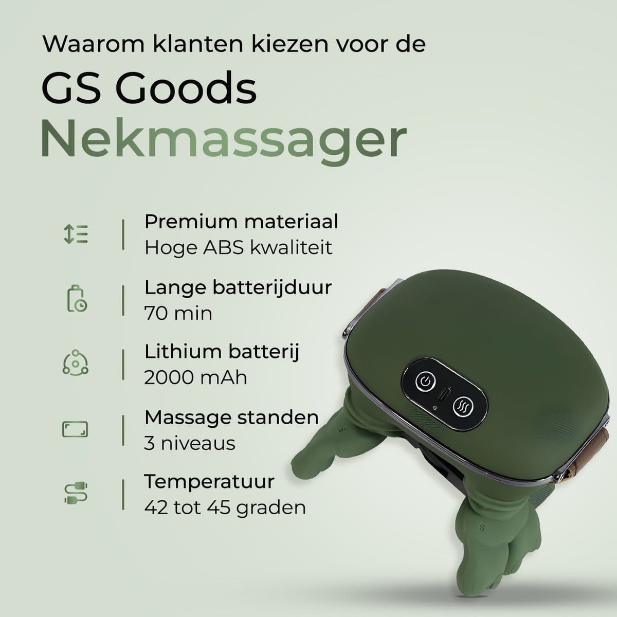 GS Goods Nekmassage Apparaat – Massagekussen – Shiatsu Massagekussen – Draadloos – Warmtefunctie – 4D Vinger Technologie – 3 Massage Standen – 2000 mAh – 70 min – Groen thumbnail 2
