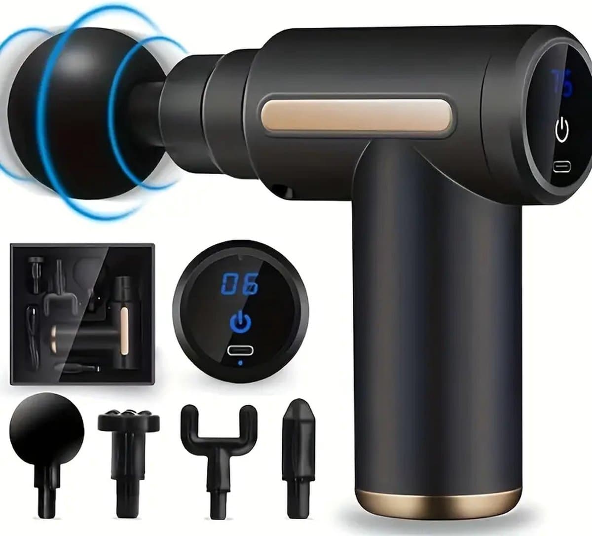 Waledano® 1 Stuk - Massage Gun - Massage Pistool - Sport en Relax Massage Apparaat - 6 Snelheden, 4 Massagekoppen - Inclusief Handeiding - Zwart thumbnail 3