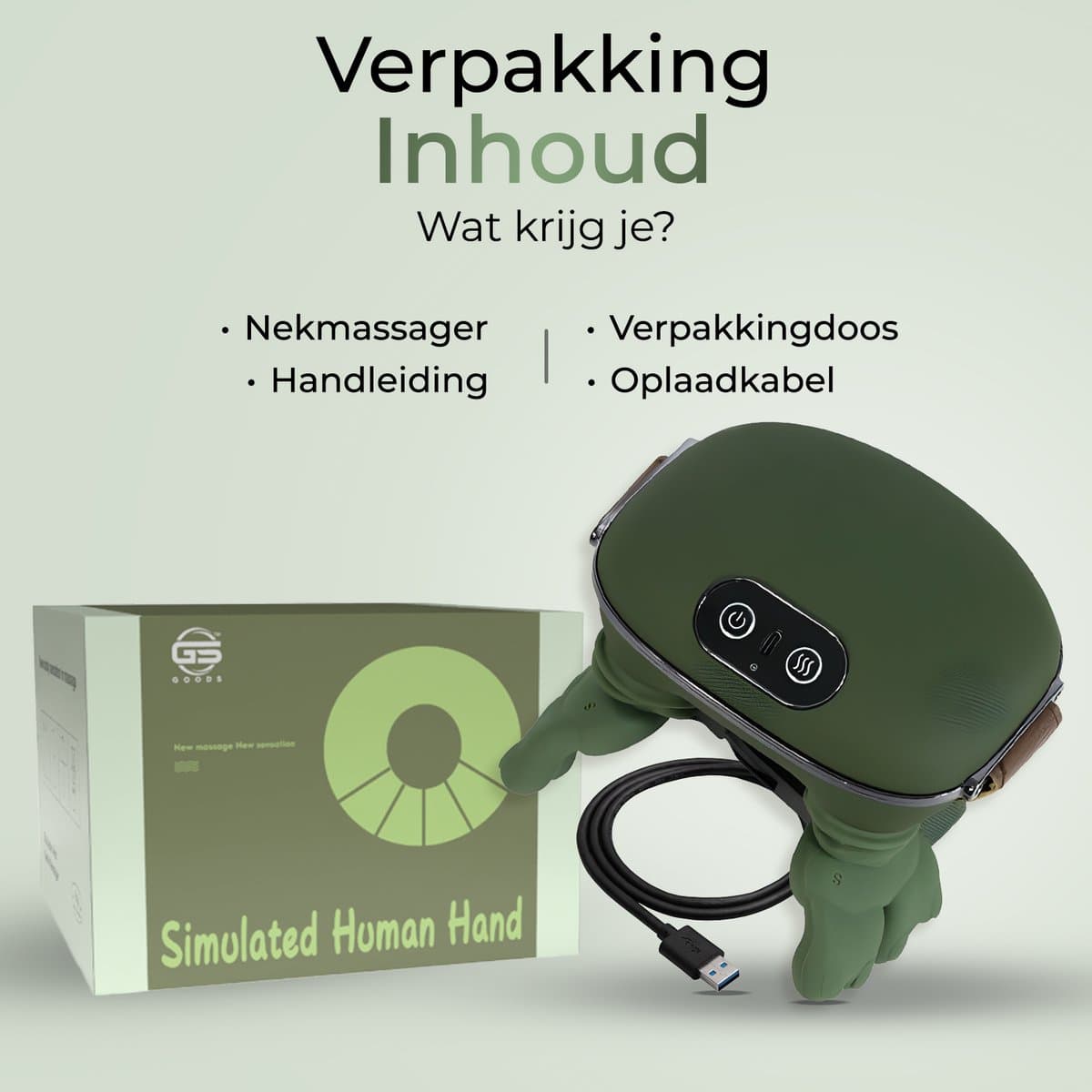 GS Goods Nekmassage Apparaat – Massagekussen – Shiatsu Massagekussen – Draadloos – Warmtefunctie – 4D Vinger Technologie – 3 Massage Standen – 2000 mAh – 70 min – Groen thumbnail 10