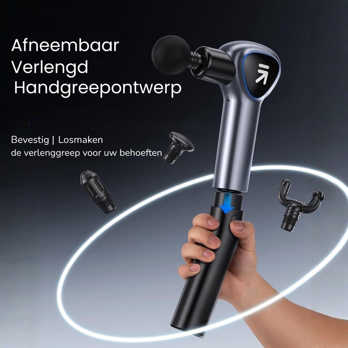 Massage Gun Professioneel Met Verlengarm - Massage Pistool - Sport en Relax Massage Apparaat - 4 Massagekoppen - Krachtig en Draadloos - Grijs thumbnail 5