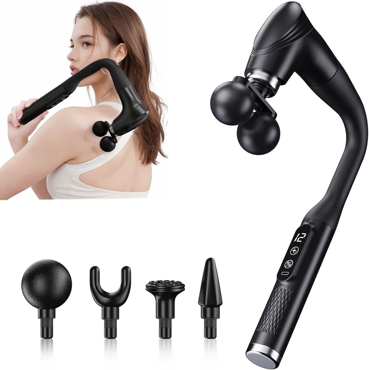 Dual-Head Massage Gun Deep Tissue with Extension Handle, Percussion Muscle Massager for Back, Neck, Shoulders, Waist & Legs, 12 Speed Levels, 5 Replaceable Heads, Pain Relief (Black)，Neck massager, massage hammer, curved fascia gun - afbeelding 1