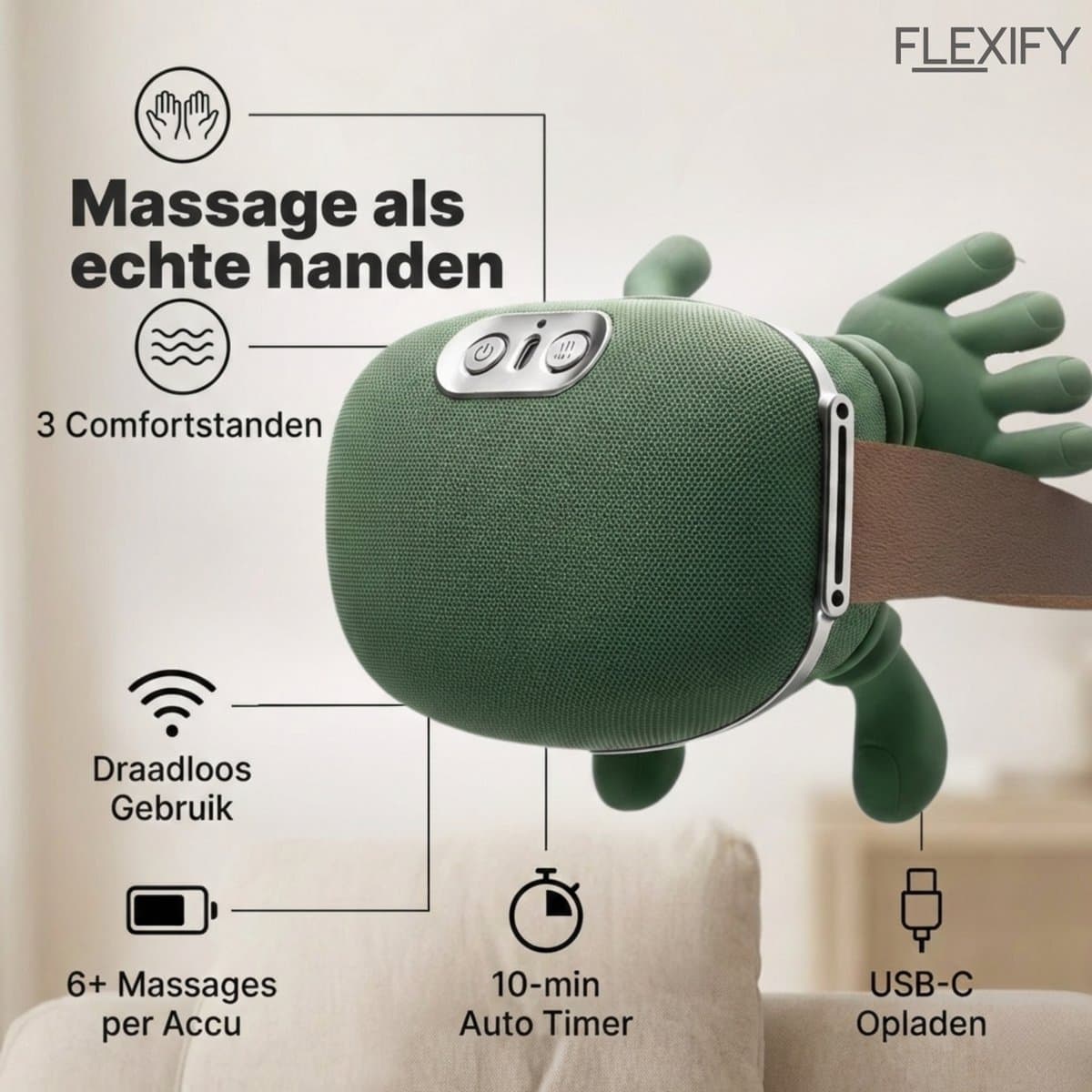 Shiatsu Nekmassage Apparaat – Draadloos Massagekussen met Warmte voor Nek en Schouders – Groen thumbnail 5