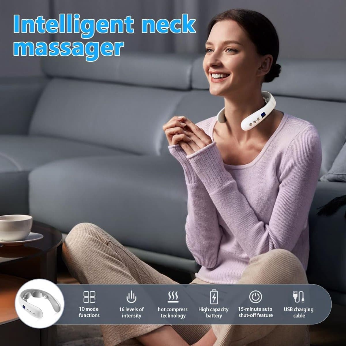 Nek Massager met Warmte - Elektrische Pulse Nek Massage - Draadloze Nekologie Intelligente Massager - Elektrisch Nekmassage Apparaat - Infrarood - Nek en Schouder Massage apparaat - wit thumbnail 2