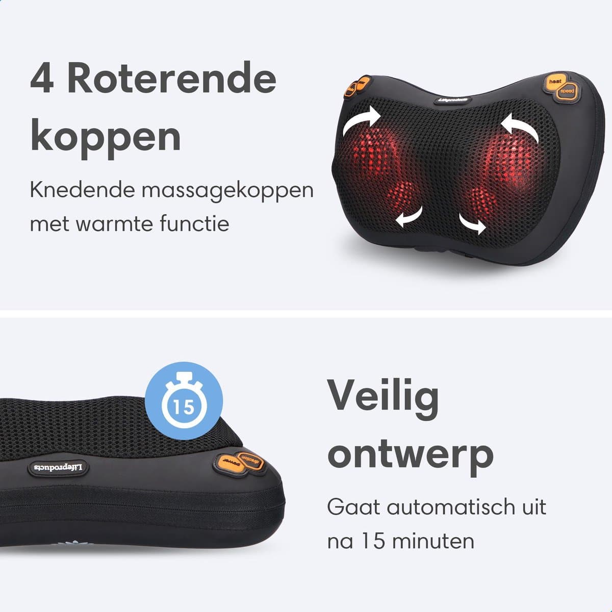 Lifeproducts Shiatsu Massagekussen Draadloos - Elektrisch Nekmassage Apparaat - Massage Apparaten - Nek en Schouder Massage Apparaat - Massageapparaten met Infrarood Verwarming thumbnail 9