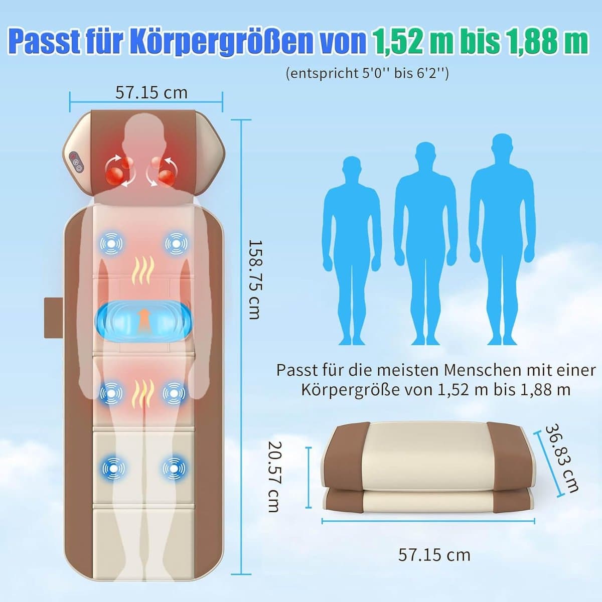 Massagemat Full Body met Warmte – Rugmassage & Lendenondersteuning – 4 Massagemodi & 6 Motoren – Verstelbare Pasvorm (1,5–1,8 m) – Ontspanning & Spierherstel thumbnail 8