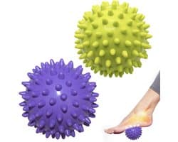 Massageballen (set van 2) - Triggerpointballen - Massageballen met reliëfpunten - Puntige ballen - Egelballen - Massageballen - Triggerpoint-oefenballen - Voor het masseren van hand-, been-, schouder-, heup- en voetspieren (Groen/Paars 7,5 cm) - afbeelding 1