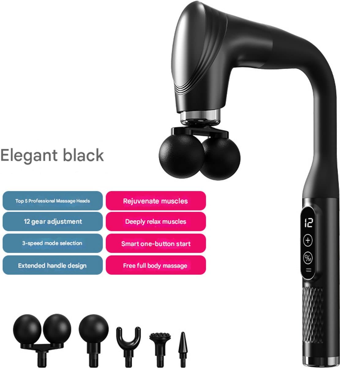 Dual-Head Massage Gun Deep Tissue with Extension Handle, Percussion Muscle Massager for Back, Neck, Shoulders, Waist & Legs, 12 Speed Levels, 5 Replaceable Heads, Pain Relief (Black)，Neck massager, massage hammer, curved fascia gun thumbnail 2