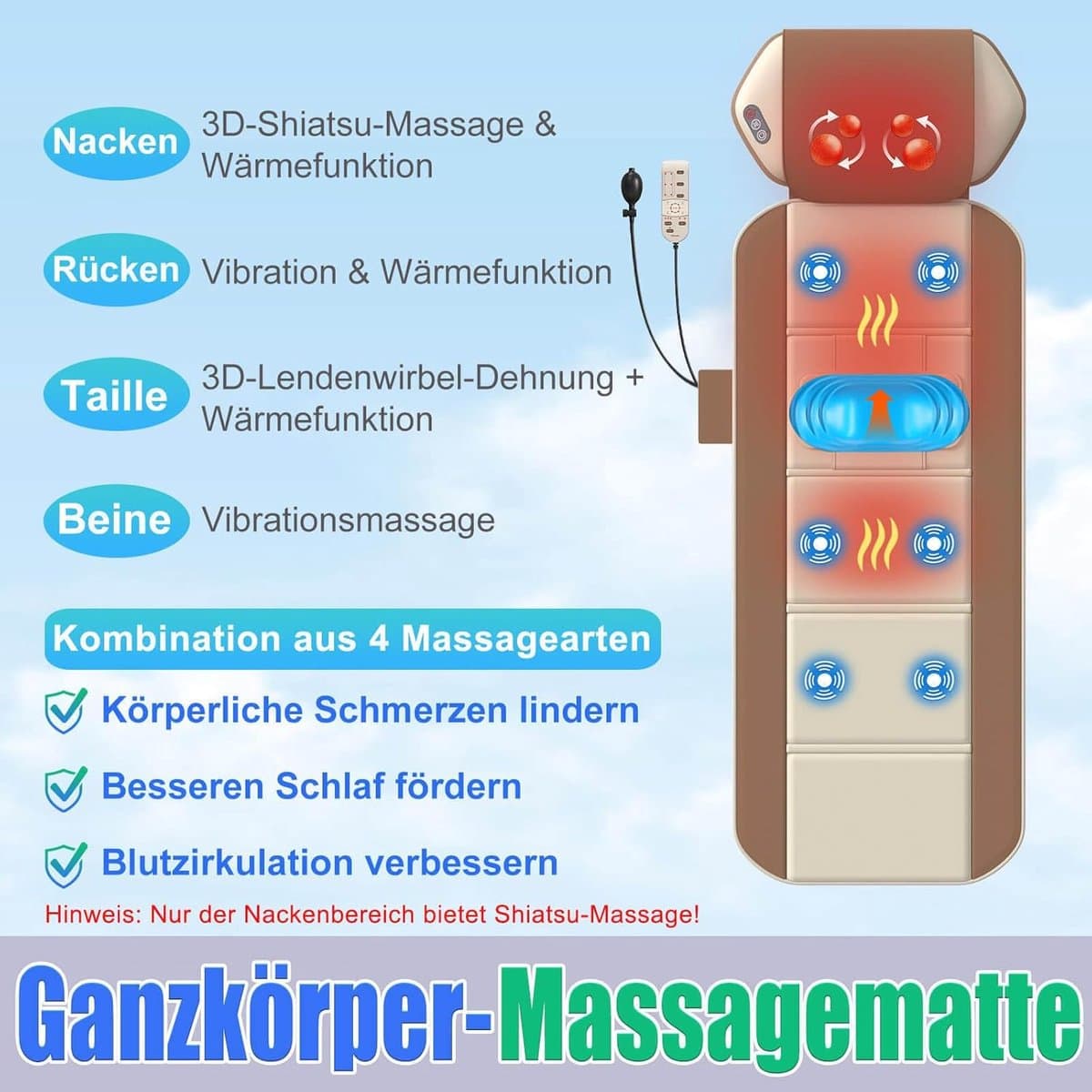 Massagemat Full Body met Warmte – Rugmassage & Lendenondersteuning – 4 Massagemodi & 6 Motoren – Verstelbare Pasvorm (1,5–1,8 m) – Ontspanning & Spierherstel thumbnail 5