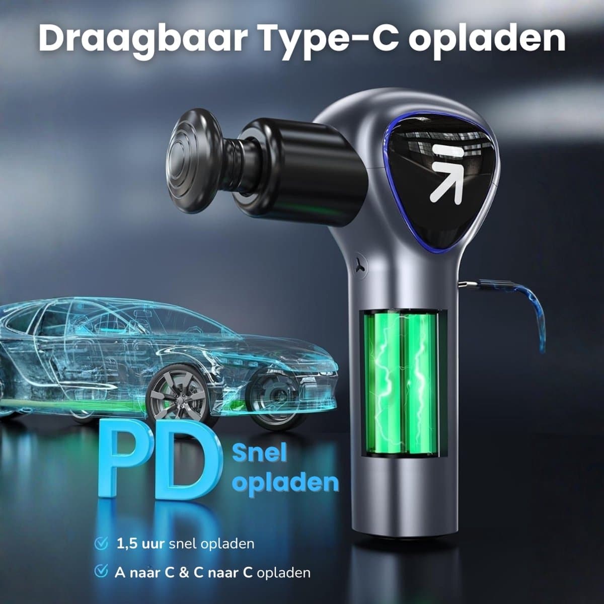 Massage Gun Professioneel Met Verlengarm - Massage Pistool - Sport en Relax Massage Apparaat - 4 Massagekoppen - Krachtig en Draadloos - Grijs thumbnail 7
