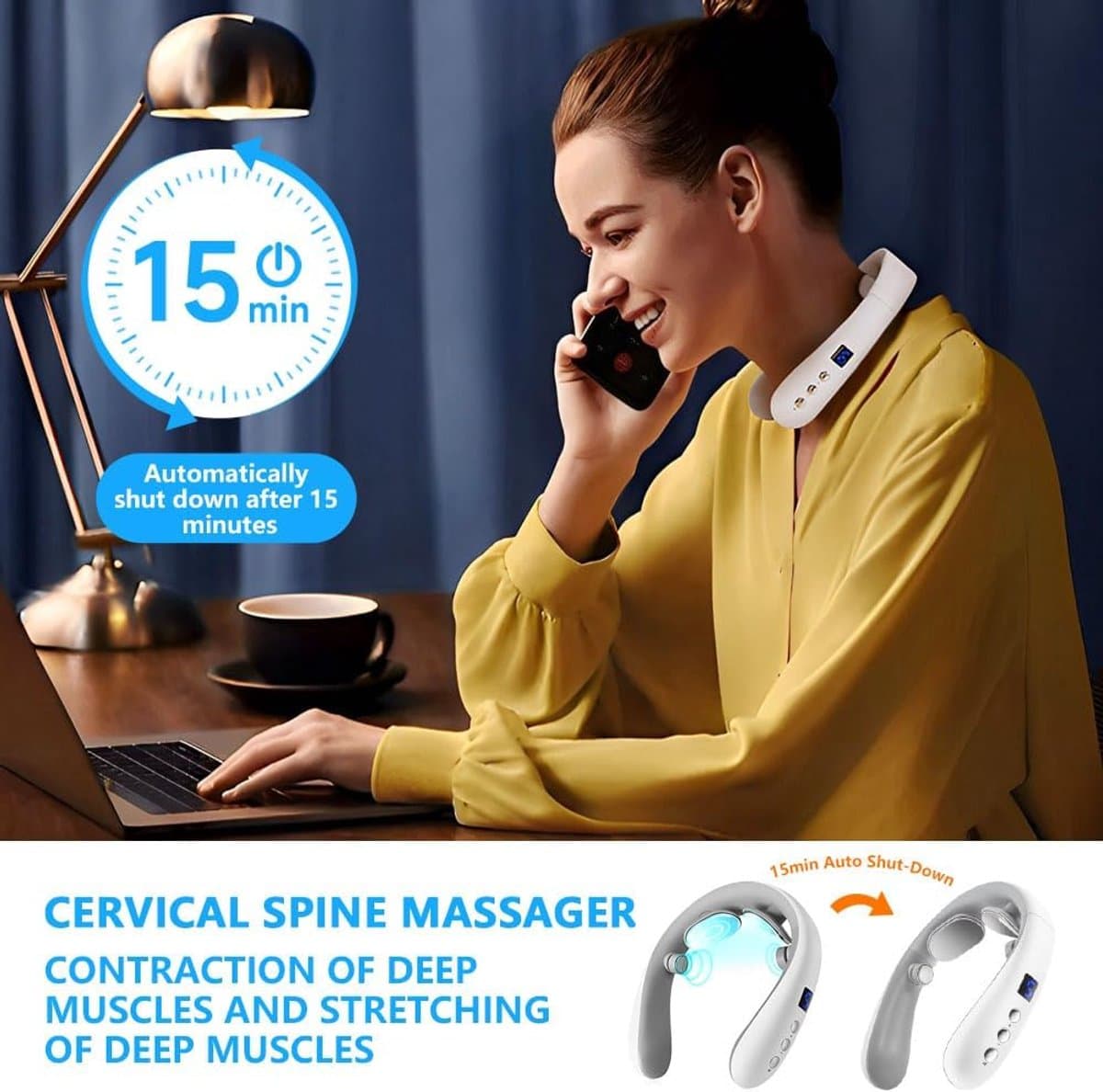 Nek Massager met Warmte - Elektrische Pulse Nek Massage - Draadloze Nekologie Intelligente Massager - Elektrisch Nekmassage Apparaat - Infrarood - Nek en Schouder Massage apparaat - wit thumbnail 4
