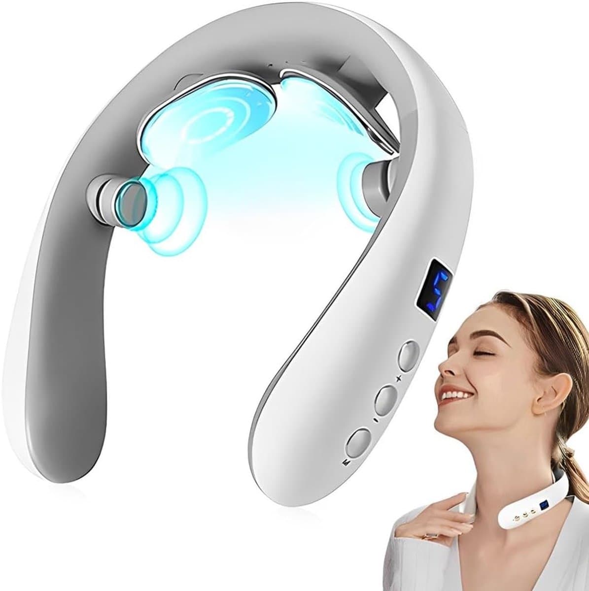 Nek Massager met Warmte - Elektrische Pulse Nek Massage - Draadloze Nekologie Intelligente Massager - Elektrisch Nekmassage Apparaat - Infrarood - Nek en Schouder Massage apparaat - wit - afbeelding 1