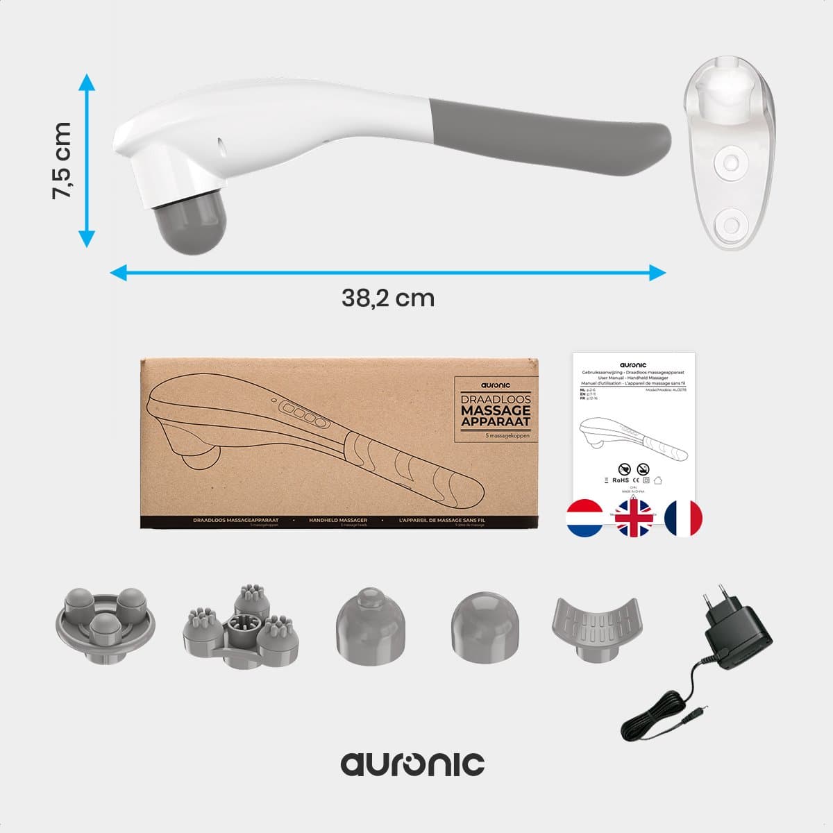 Auronic Massage Apparaat Draadloos - Rug en Nekmassage apparaat - 5 Opzetstukken - Wit/Grijs thumbnail 7