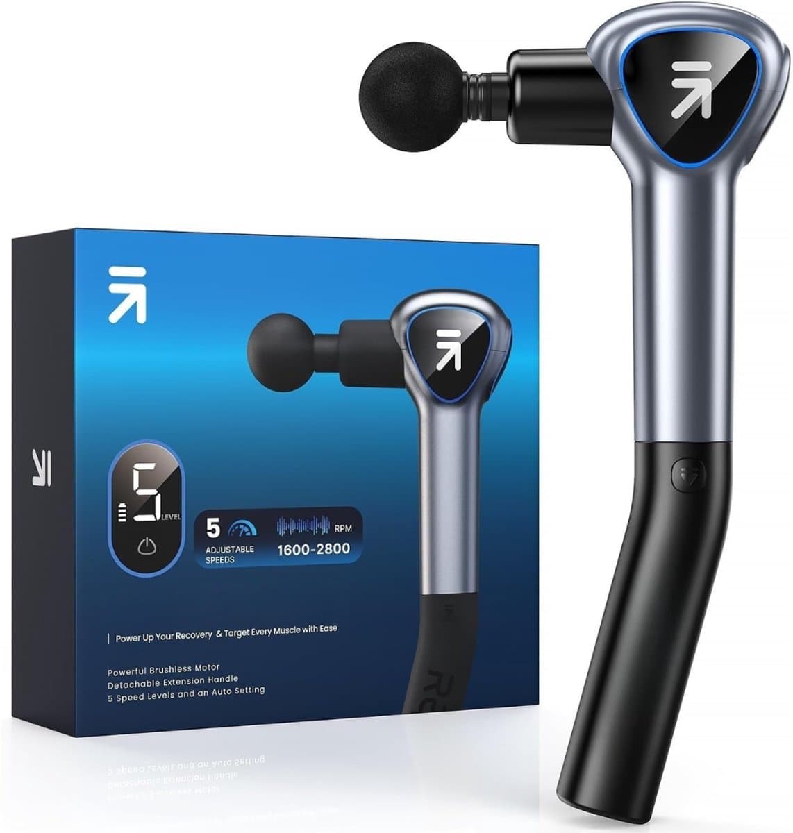 Massage Gun Professioneel Met Verlengarm - Massage Pistool - Sport en Relax Massage Apparaat - 4 Massagekoppen - Krachtig en Draadloos - Grijs - afbeelding 1
