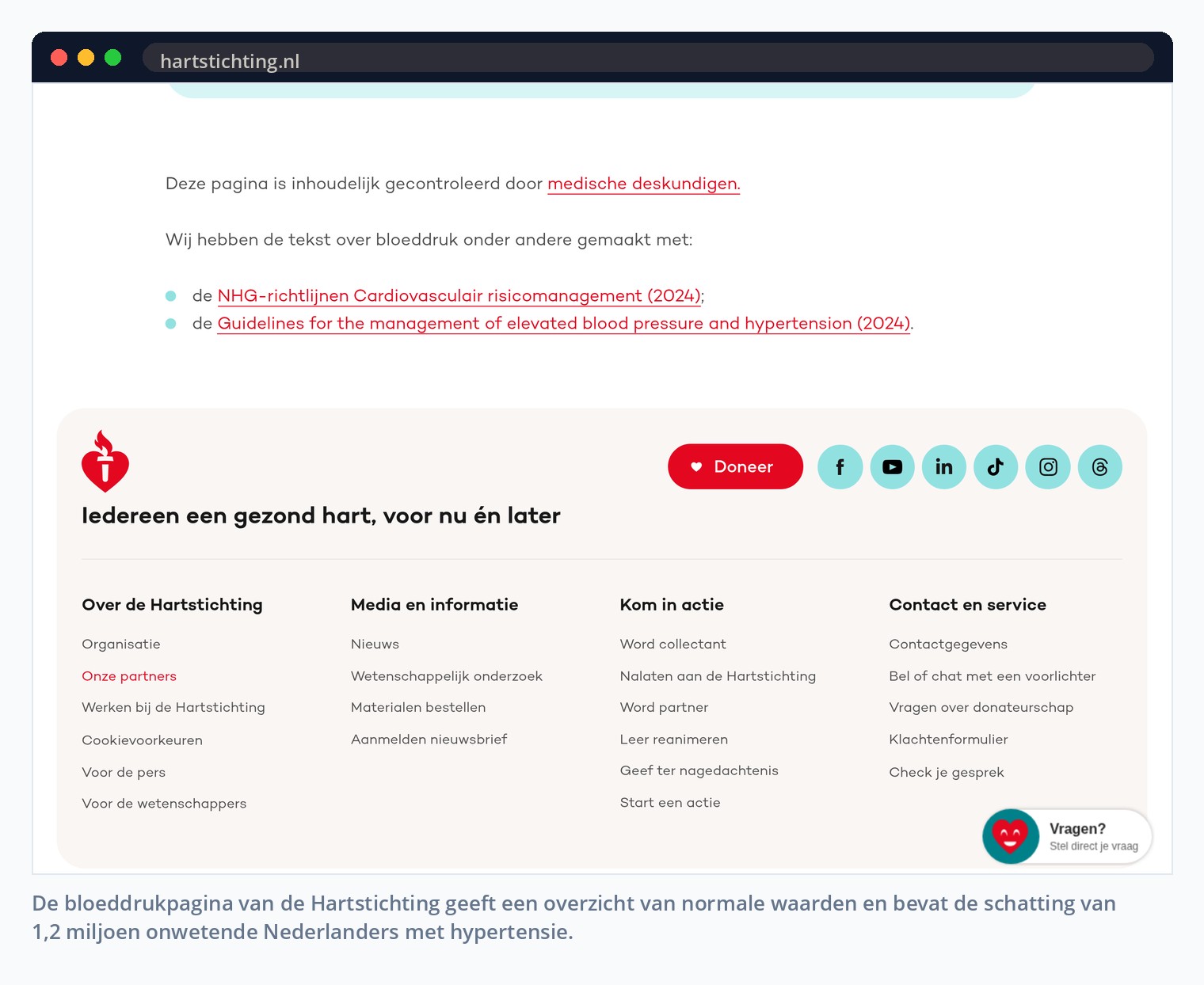 De bloeddrukpagina van de Hartstichting geeft een overzicht van normale waarden en bevat de schatting van 1,2 miljoen onwetende Nederlanders met hypertensie.