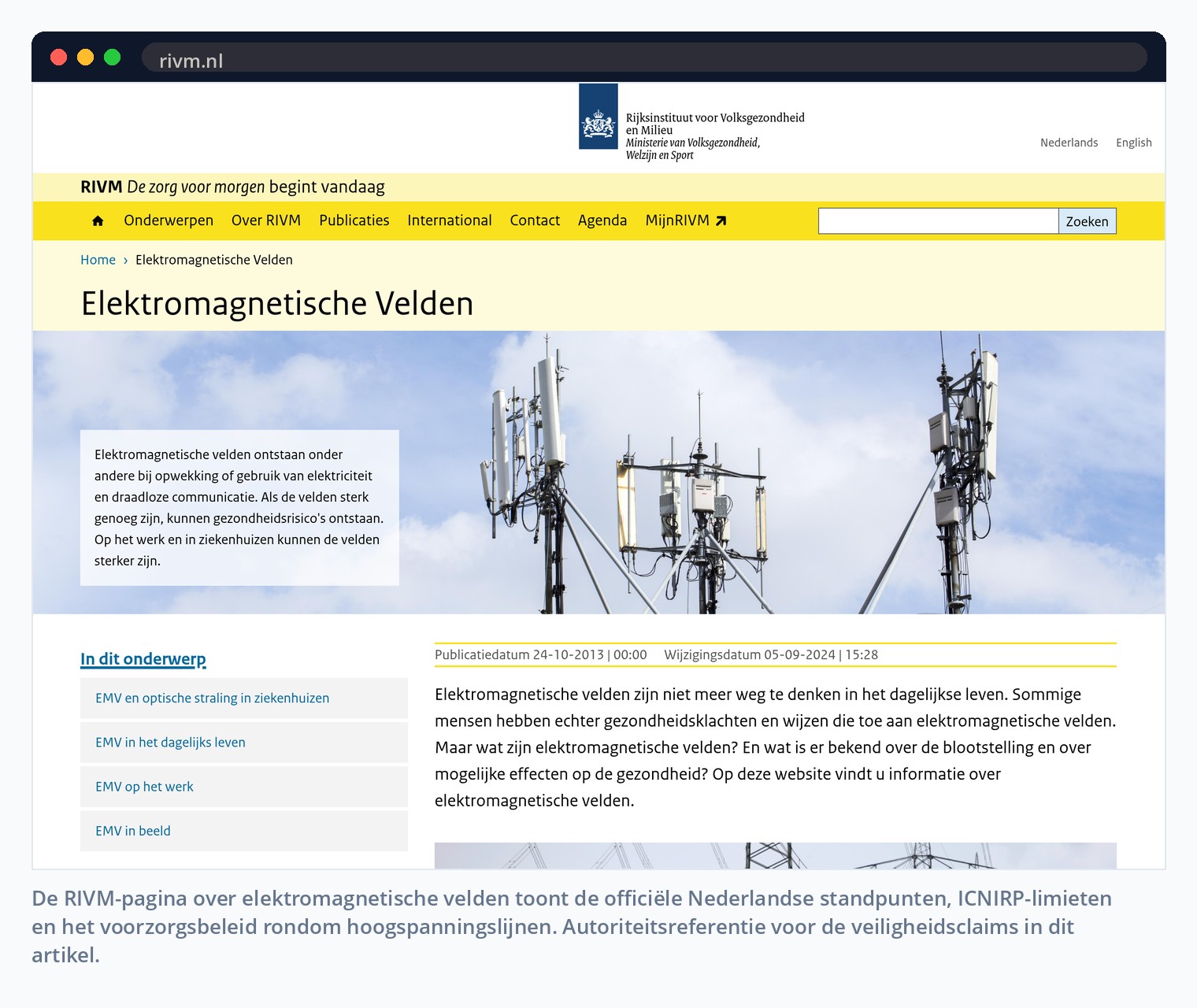 De RIVM-pagina over elektromagnetische velden toont de officiële Nederlandse standpunten, ICNIRP-limieten en het voorzorgsbeleid rondom hoogspanningslijnen. Autoriteitsreferentie voor de veiligheidsclaims in dit artikel.