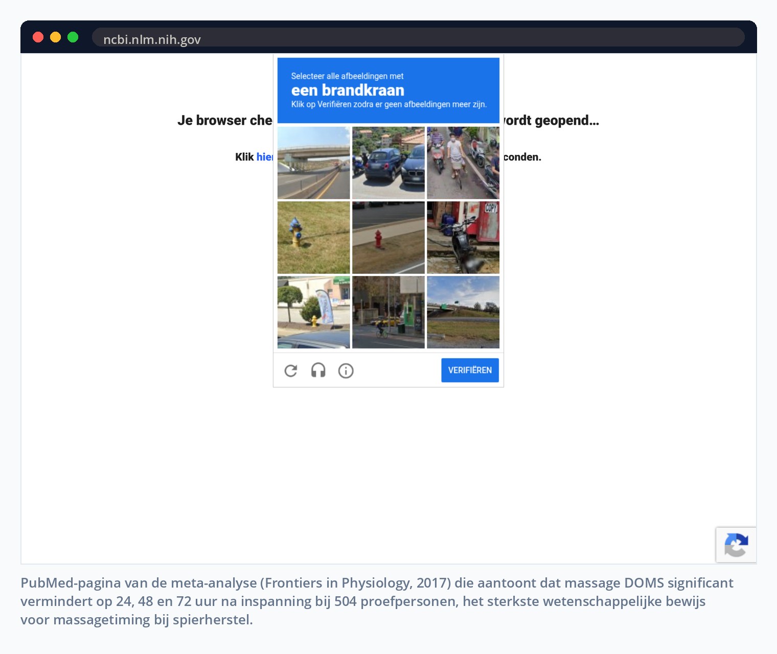 PubMed-pagina van de meta-analyse (Frontiers in Physiology, 2017) die aantoont dat massage DOMS significant vermindert op 24, 48 en 72 uur na inspanning bij 504 proefpersonen, het sterkste wetenschappelijke bewijs voor massagetiming bij spierherstel.