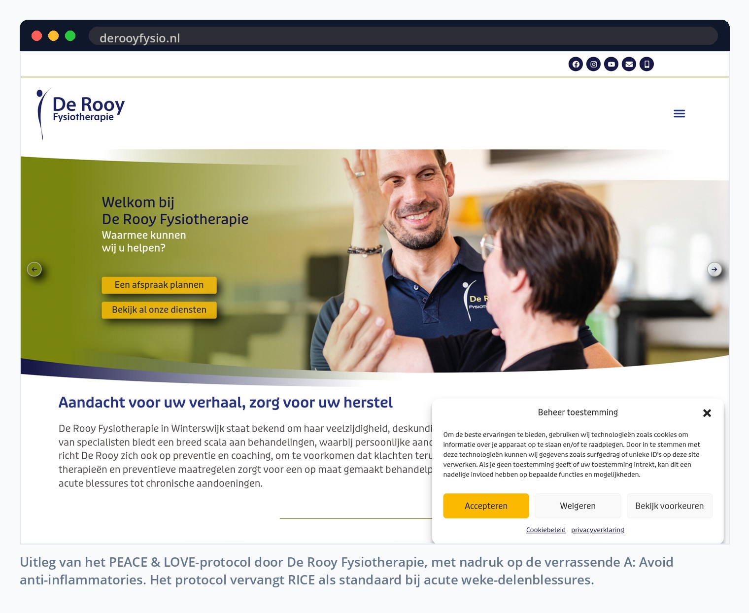 Uitleg van het PEACE & LOVE-protocol door De Rooy Fysiotherapie, met nadruk op de verrassende A: Avoid anti-inflammatories. Het protocol vervangt RICE als standaard bij acute weke-delenblessures.