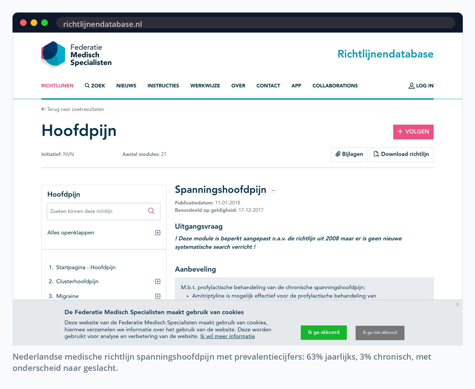 Nederlandse medische richtlijn spanningshoofdpijn met prevalentiecijfers: 63% jaarlijks, 3% chronisch, met onderscheid naar geslacht.