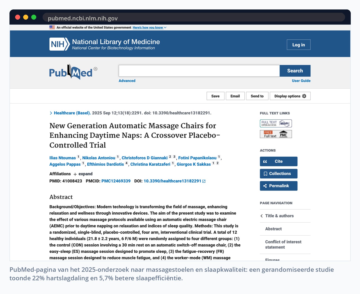 PubMed-pagina van het 2025-onderzoek naar massagestoelen en slaapkwaliteit: een gerandomiseerde studie toonde 22% hartslagdaling en 5,7% betere slaapefficiëntie.