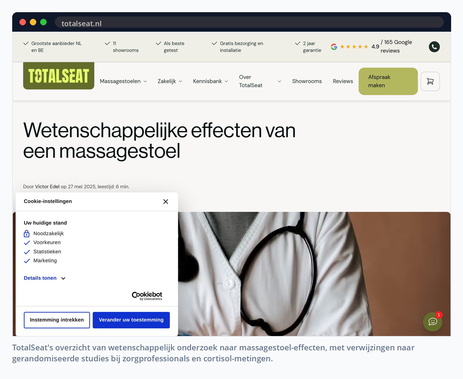 TotalSeat's overzicht van wetenschappelijk onderzoek naar massagestoel-effecten, met verwijzingen naar gerandomiseerde studies bij zorgprofessionals en cortisol-metingen.