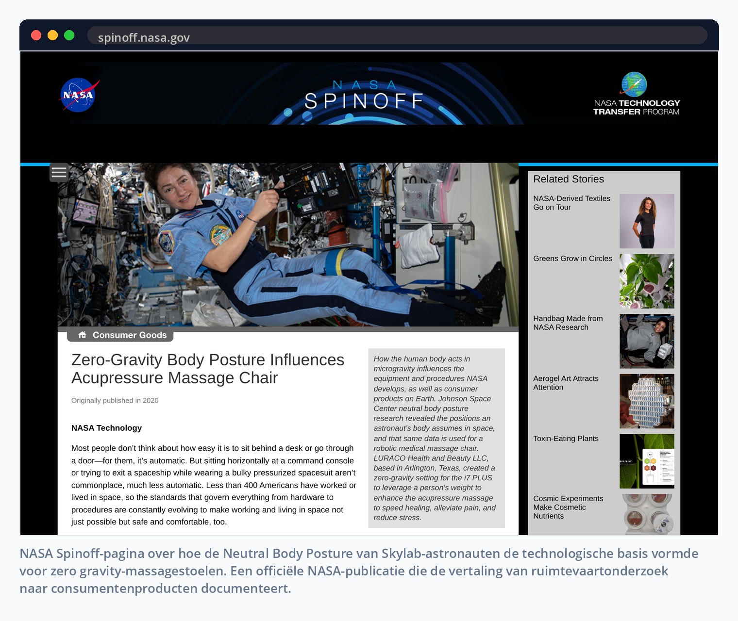 NASA Spinoff-pagina over hoe de Neutral Body Posture van Skylab-astronauten de technologische basis vormde voor zero gravity-massagestoelen. Een officiële NASA-publicatie die de vertaling van ruimtevaartonderzoek naar consumentenproducten documenteert.