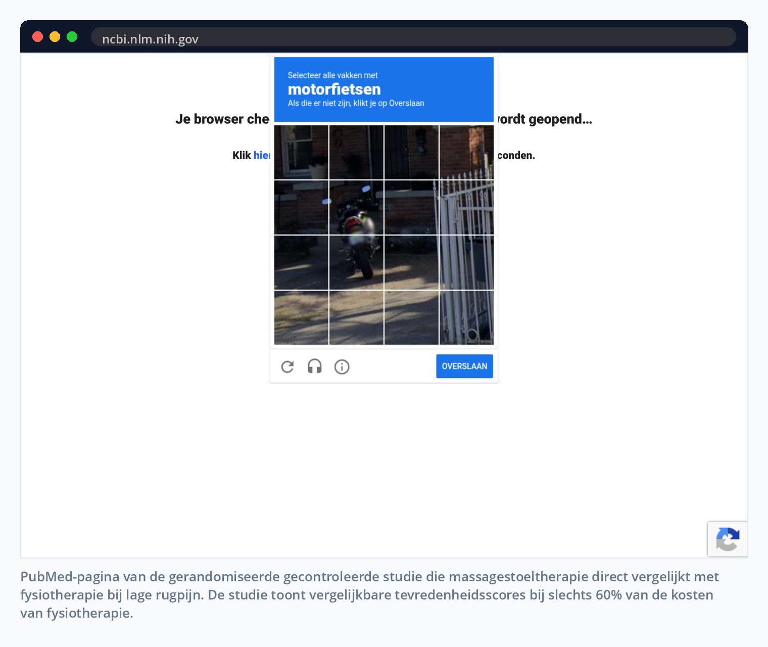 PubMed-pagina van de gerandomiseerde gecontroleerde studie die massagestoeltherapie direct vergelijkt met fysiotherapie bij lage rugpijn. De studie toont vergelijkbare tevredenheidsscores bij slechts 60% van de kosten van fysiotherapie.