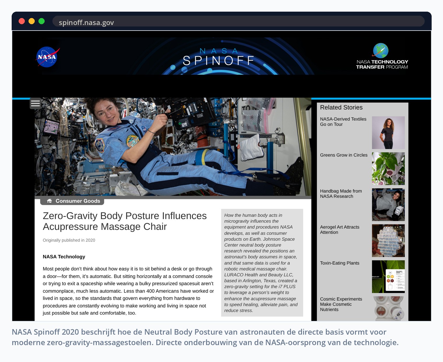 NASA Spinoff 2020 beschrijft hoe de Neutral Body Posture van astronauten de directe basis vormt voor moderne zero-gravity-massagestoelen. Directe onderbouwing van de NASA-oorsprong van de technologie.