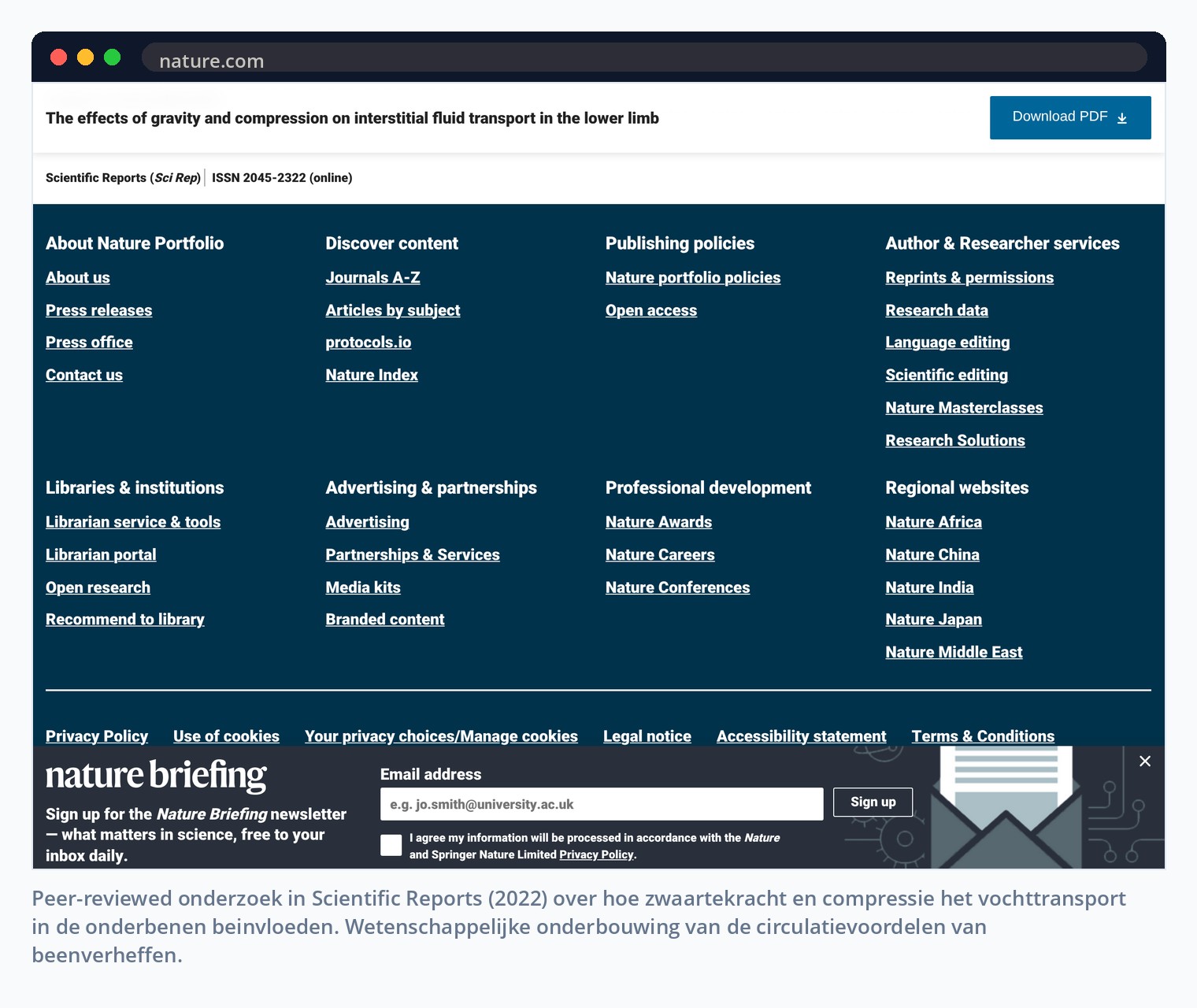 Peer-reviewed onderzoek in Scientific Reports (2022) over hoe zwaartekracht en compressie het vochttransport in de onderbenen beinvloeden. Wetenschappelijke onderbouwing van de circulatievoordelen van beenverheffen.
